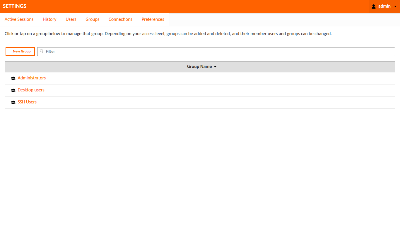 Admin groups settings page