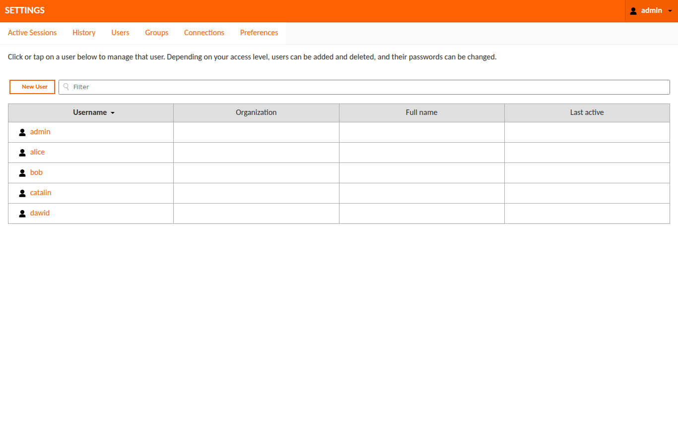 Admin users settings page